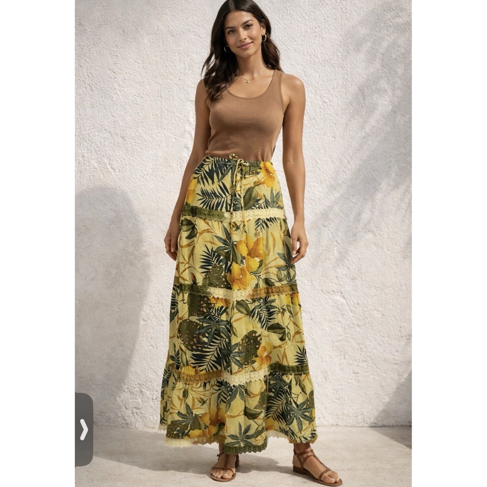 Vtg‎ Yellow/green Tropical Print Drawstring Lace Trim Resort Beach Maxi Skirt 12